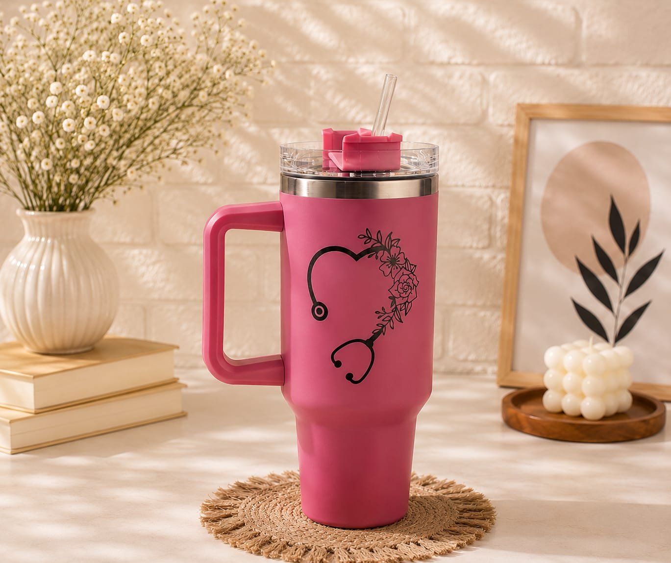 Hot Pink Stethoscope Floral Travel Mug