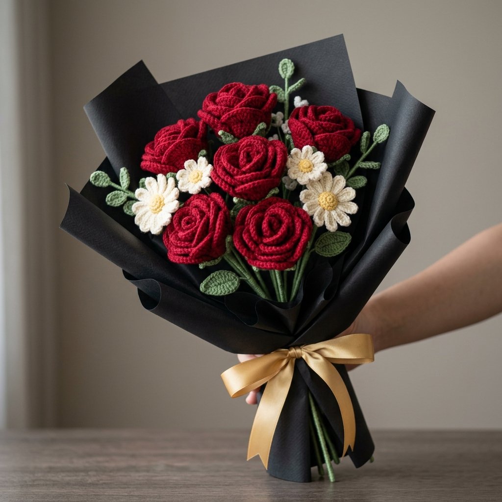 Crimson Serenade handmade crochet roses by LR Crafts