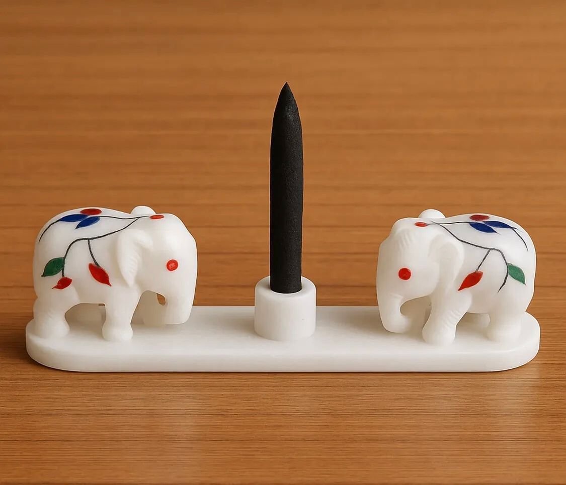 Inlaid Elephant White Marble Incense Stand