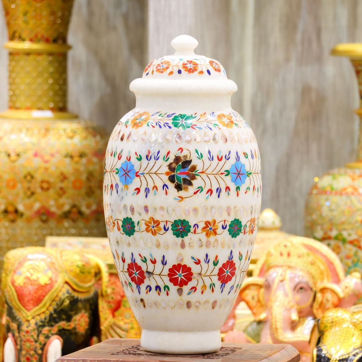 Pietra Dura Floral Inlay Imperial Marble Urn